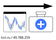 Financial chart with fluctuating data next to a medical bottle with a cross symbol, followed by a black arrow pointing right. Ideal for financial health, medical industry, progress, investment. Financial Chart and Medical Bottle with Arrow Highlighting Directional Movement and Trends. Стоковая иллюстрация, агентство Ingram Publishing / Фотобанк Лори