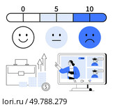 Emotion scale ranging from 0 to 10 with happy, neutral, and sad faces. Business suitcase, rising chart with coins, and online education on monitor. Ideal for feedback, business, education customer. Emotion scale with face icons, business growth, and online education concept. Стоковая иллюстрация, агентство Ingram Publishing / Фотобанк Лори