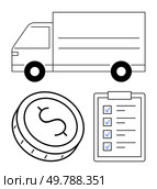 Delivery truck, dollar coin, and a checklist with ticks. Ideal for logistics, transportation planning, cost management, task tracking, business solutions, supply chain optimization workflow. Logistic Operations Concept with Delivery Truck, Dollar Coin, and Checklist Graphics. Стоковая иллюстрация, агентство Ingram Publishing / Фотобанк Лори