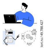 Person at laptop AI robot assistant keys house gears, and team icons. Ideal for business, technology, AI, automation, real estate, teamwork, digital tools. Line metaphor. Person Working on Laptop with AI Robot Assistant and Business Process Automation Icons. Стоковая иллюстрация, агентство Ingram Publishing / Фотобанк Лори