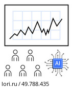 Line chart indicating growth, AI chip symbolizing artificial intelligence, team of five users. Ideal for data analysis, business growth, technology, teamwork, AI development, market trends, stats. AI-Driven Data Analysis for Business Growth and Team Efficiency. Стоковая иллюстрация, агентство Ingram Publishing / Фотобанк Лори