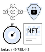 Blockchain network security shield with lock stopwatch and NFT document in blue and black. Ideal for tech, digital security, blockchain, efficiency, digital assets, online security, NFTs. Line. Blockchain Technology Components Security, Blockchains, NFTs, and Efficiency Timers. Стоковая иллюстрация, агентство Ingram Publishing / Фотобанк Лори