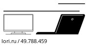 Minimalist illustration of a laptop next to a desktop monitor. Ideal for technology, workspace setup, telecommuting, productivity, digital communication, education, and modern office themes. Line. Laptop and Desktop Computer Side by Side Representing Modern Workspace Technology Balance. Стоковая иллюстрация, агентство Ingram Publishing / Фотобанк Лори