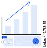 Bar graph with rising trend arrow, speech bubbles, binary code, microphone icon, and approval checkmark. Ideal for data analysis, business growth, statistical reports, presentations strategic. Blue bar graph with upward trend arrow highlighting statistical data and analysis elements. Стоковая иллюстрация, агентство Ingram Publishing / Фотобанк Лори