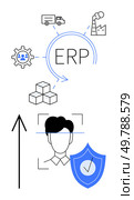 ERP system with user profiles, security shield, upward arrow, truck, factory, and cubes. Ideal for business integration, supply chain management, data security human resources logistics. Optimized ERP System Workflow Including User Profiles, Security Features, Transportation, and Warehousing. Стоковая иллюстрация, агентство Ingram Publishing / Фотобанк Лори