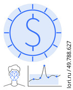 Dollar coin human profile with facial grid fluctuating graph. Ideal for tech, finance, data analysis, AI, security, innovation, market trends. Line metaphor. Integration of Facial Recognition in Financial Analytics and Market Trends. Стоковая иллюстрация, агентство Ingram Publishing / Фотобанк Лори
