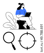 Woman sitting outdoors on a bench using a laptop, alongside magnifying glass and target focus icons. Ideal for productivity, analysis, research, target audience, work-from-home, telecommuting. Woman Working on Laptop with Magnifying Glass and Target Focus Symbols Nearby. Стоковая иллюстрация, агентство Ingram Publishing / Фотобанк Лори