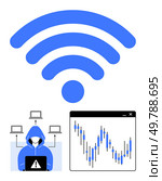 Hacker in hoodie with laptop, wireless signal icon, and financial data graph representing cybersecurity threats and online vulnerabilities. Ideal for tech security, internet safety, finance. Cybersecurity Hacker in Hoodie, wireless Signal, and Financial Data Graph Highlighting Online Vulnerabilities. Стоковая иллюстрация, агентство Ingram Publishing / Фотобанк Лори