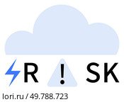 Cloud with lightning bolt, exclamation mark, and letters forming RISK. Ideal for cybersecurity, data protection, technological threats, cautionary measures, risk assessment, cloud vulnerabilities IT. Conceptual representation of cloud risk with warning triangle and lightning bolt icon. Стоковая иллюстрация, агентство Ingram Publishing / Фотобанк Лори