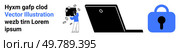 Photographer capturing image with camera next to laptop and padlock icon. Ideal for photography, technology, security, online courses, blogging, digital marketing, data protection. Banner for landing. Person Taking Photo Near Laptop and Padlock, Accompanied by Text Placeholder. Стоковая иллюстрация, агентство Ingram Publishing / Фотобанк Лори