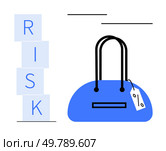 Stacked blocks spelling RISK beside discounted handbag with sale tag, emphasizing retail risk and pricing strategy. Ideal for finance, retail management, economics, marketing, consumer behavior. Risk Management and Economic Implications in Retail Pricing. Стоковая иллюстрация, агентство Ingram Publishing / Фотобанк Лори