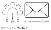Gear distributing information to users represented by icons with downward arrows. Enormous envelope representing email communication alongside UI elements thumbs up navigation dots and a check mark. Gear distributing information to users with envelope depicting email communication and user interface elements. Стоковая иллюстрация, агентство Ingram Publishing / Фотобанк Лори