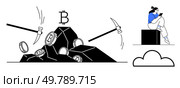 Person using a mobile device next to cloud and pile of rocks with Bitcoin coins struck by pickaxes. Ideal for cryptocurrency, blockchain, technology, digital finance, investment, mining, innovation. Digital currency mining concept with pickaxes, coins, and a person using a mobile device near a cloud. Стоковая иллюстрация, агентство Ingram Publishing / Фотобанк Лори