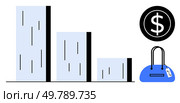 Bar graph declining left to right alongside dollar sign and blue handbag. Ideal for finance, budgeting, savings, spending analysis, consumer behavior, economics, retail. Line metaphor. Bar Graph With Dollar Sign and Blue Handbag Illustrating Financial Analysis and Spending Trends. Стоковая иллюстрация, агентство Ingram Publishing / Фотобанк Лори