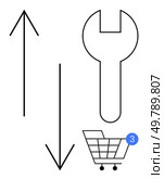 Vertical arrows pointing up and down, wrench icon, shopping cart with notification bubble. Ideal for business processes, online shopping, maintenance services, upgrades, notifications, direction. Vertical arrows, wrench, shopping cart with notification symbol represent various business concepts. Стоковая иллюстрация, агентство Ingram Publishing / Фотобанк Лори