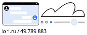 Chat window with user profile icons and message bubbles next to a cloud outline with progress indicators. Ideal for communication, online collaboration, data syncing, cloud storage, messaging apps. Chat interface next to cloud storage concept with progress indicators and user icons. Стоковая иллюстрация, агентство Ingram Publishing / Фотобанк Лори