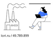 Woman using a laptop seated next to a factory emitting smoke. Ideal for remote work, industrial oversight, pollution control, environmental awareness, technology integration, work-life balance. Remote Worker with Laptop Overseeing Industrial Factory Emissions. Стоковая иллюстрация, агентство Ingram Publishing / Фотобанк Лори