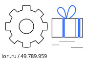 Gear mechanism next to a wrapped gift box with ribbon representing workflow efficiency and reward system. Ideal for business processes, employee incentives, productivity, project management. Gear Mechanism and Wrapped Gift Box Representing Workflow Efficiency and Reward System. Стоковая иллюстрация, агентство Ingram Publishing / Фотобанк Лори