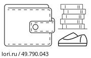 Wallet with buttoned flap, stack of coins, and a shoe outline. Ideal for finance, savings, budgeting, personal economy, shopping, investment, and monetary management. Line metaphor. Wallet with Stacked Coins and Shoe Outline Representing Finance, Savings, and Personal Economy. Стоковая иллюстрация, агентство Ingram Publishing / Фотобанк Лори