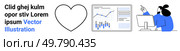 Heart outline, business analytics data screen, person working remotely at computer, analyzing graphics. Ideal for business, analytics, data visualization, remote work, love, motivation, technology. Business Data Analysis and Remote Work Growth Connection with Heart Design Accent. Стоковая иллюстрация, агентство Ingram Publishing / Фотобанк Лори