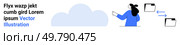 User pointing at cloud with file transfer icons, conveying data migration or cloud storage ideas. Ideal for cloud services, data management, file sharing, tech solutions, SaaS platforms, web hosting. Cloud Storage Concept with User Interacting and File Transfer Between Folders Illustration. Стоковая иллюстрация, агентство Ingram Publishing / Фотобанк Лори