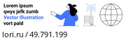 Person in blue pointing at wind turbine, juxtaposed with a globe. Ideal for tech, wind energy, sustainability, minimalist designs, web design, online education, and environmental campaigns. Banner. Tech Enthusiast Pointing at Wind Turbine Near Globe in Minimalistic Banner Design. Стоковая иллюстрация, агентство Ingram Publishing / Фотобанк Лори