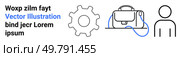 Gear cog, backpack, person outline in minimalist black and white with blue detail. Ideal for business presentations, education resources, marketing campaigns, user manuals, website design, product. Business Gear Concepts with Backpack, Gear Cog, and Person Outline Illustration. Стоковая иллюстрация, агентство Ingram Publishing / Фотобанк Лори