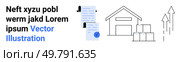 Text on the left, a document with a seal in the center, a warehouse with boxes on the right, and upward arrows. Ideal for logistics, inventory control, business growth, document management, supply. Warehouse Supply Chain Management and Growth Concept with Documents and Upward Arrows. Стоковая иллюстрация, агентство Ingram Publishing / Фотобанк Лори
