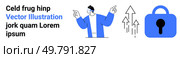 Business professional gesturing towards upward trends and a lock symbol. Ideal for business growth, cybersecurity, data protection, analysis, corporate strategy, market expansion. Banner for landing. Business Professional Pointing at Growth Metrics and Cybersecurity Lock. Стоковая иллюстрация, агентство Ingram Publishing / Фотобанк Лори