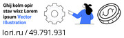 Female presenter pointing, large gear, and dollar coin. Ideal for business communication, finance, workshops, training, educational materials, engineering, and online platforms. Banner for landing. Professional Gear, Female Presenter, and Coin Symbol. Стоковая иллюстрация, агентство Ingram Publishing / Фотобанк Лори