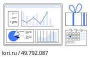 Business analytics on a tablet with graphs, charts and metrics. Gift box and calendar marking a special date. Ideal for business planning, data analysis, financial reports, scheduling, event. Data Analytics Dashboard with Gift Box and Calendar Highlighting Specific Date. Стоковая иллюстрация, агентство Ingram Publishing / Фотобанк Лори