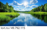 A beautiful blue river with trees on both sides. Стоковое AI-изображение, AI-художник Ярославский Максим / Фотобанк Лори