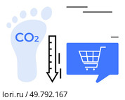 Footprint with CO2, downward arrow, and shopping cart. Ideal for sustainability, eco-friendly shopping, climate change awareness, responsible consumerism, environmental impact, green business, carbon. Reducing Carbon Footprint in Online Shopping with Sustainable Practices and Eco-friendly Choices. Стоковая иллюстрация, агентство Ingram Publishing / Фотобанк Лори