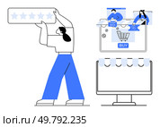 A person placing a five-star rating beside a shopping cart with cashback offers, discounts, and a buy button. Ideal for e-commerce, online shopping, customer satisfaction, user reviews, digital. E-commerce Feedback and Purchase Concept with User Reviews, Shopping Cart, and Product Offers. Стоковая иллюстрация, агентство Ingram Publishing / Фотобанк Лори