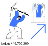 Worker wielding a pickaxe, clothes on hanger rack, upward-pointing arrow. Ideal for business growth, labor, determination, change, progress workforce and innovation themes. Line metaphor. Worker with Pickaxe Breaking Rock Next to Rack of Clothes and Upward Arrow Showing Progress. Стоковая иллюстрация, агентство Ingram Publishing / Фотобанк Лори