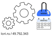 Gears symbolize process, bag with a price tag suggests shopping, and monthly calendar implies planning. Ideal for business, finance, retail, shopping, scheduling, process improvement and economics. Business and Finance Concept with Gears, Shopping Bag, and Monthly Calendar. Стоковая иллюстрация, агентство Ingram Publishing / Фотобанк Лори