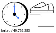 Clock with blue hands and black dots, paired with a simple sneaker drawing, symbolizes efficient time management and focusing on fitness. Ideal for fitness planning, time tracking, workout. Minimalist Design of Clock and Sneakers Representing Time Management and Fitness Prioritization. Стоковая иллюстрация, агентство Ingram Publishing / Фотобанк Лори