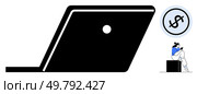 Person sitting and working on laptop, near dollar sign in circle. Ideal for online business, finance, technology, remote work, digital marketing, e-commerce and education themes. Line metaphor. Person Working on Laptop Next to Financial Symbol, Emphasizing Online Business and Finance Themes. Стоковая иллюстрация, агентство Ingram Publishing / Фотобанк Лори