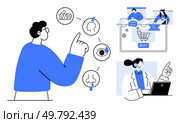 Man interacting with symbols of touchpoints recommendation, brain, eye. Online shopping screen showing buy button. Customer service agent on laptop aiding. Ideal for marketing, e-commerce, user. Customer Interaction Journey From Initial Touchpoints to Purchase Decision. Стоковая иллюстрация, агентство Ingram Publishing / Фотобанк Лори