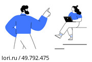 Man presenting with raised finger and woman sitting with laptop. Ideal for presentations, teamwork, business meetings, brainstorming sessions, workflow, remote working, education. Line metaphor. Team Discussion with One Person Presenting and Another Taking Notes on Laptop. Стоковая иллюстрация, агентство Ingram Publishing / Фотобанк Лори