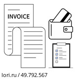 Billing invoice, credit card in wallet, and checklist. Ideal for finance, accounting, bookkeeping, shopping, budgeting transaction management business operations. Line metaphor. Billing Invoice, Payment Wallet with Credit Card, and Checklist Elements for Financial Management. Стоковая иллюстрация, агентство Ingram Publishing / Фотобанк Лори