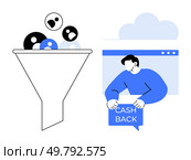 A funnel sifting people icons next to a person in a web window holding a cash back sign. Ideal for marketing customer acquisition incentive programs online shopping and business strategies. Clean. Customer Funnel and Cashback Concept with Minimalist Art Style. Стоковая иллюстрация, агентство Ingram Publishing / Фотобанк Лори