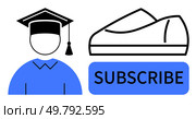 Graduate in cap and gown next to shoe outline and SUBSCRIBE button. Ideal for education, e-learning, courses, newsletters, online content, academic updates, fashion subscriptions. Line metaphor. Education Subscription Concept with Graduate Icon and Shoe Outline in Minimalist Design. Стоковая иллюстрация, агентство Ingram Publishing / Фотобанк Лори