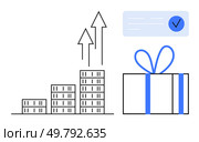 Bar chart with upward arrows indicating growth, large gift box symbolizing rewards, and a check mark. Ideal for business success, incentives, goals, marketing strategies, financial growth, rewards. Business growth represented by bar chart, arrows, and a gift box highlighting rewards and achievements. Стоковая иллюстрация, агентство Ingram Publishing / Фотобанк Лори