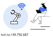 Woman interacts with robotic arm wirelessly via laptop, showcasing modern automation technology. Ideal for tech innovation, robotics advancement, remote work, automation, smart industry, engineering. Woman Operating a Robotic Arm Remotely Using a Laptop with wireless Connectivity. Стоковая иллюстрация, агентство Ingram Publishing / Фотобанк Лори