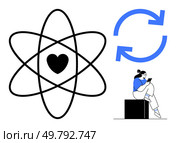 Atomic heart symbol, blue sync arrows, person reading tablet while seated on a block. Ideal for digital interaction, technology, education, science, love connectivity modern communication. Line. Atomic Heart Symbol and Sync Arrows with Person Reading Digital Content. Стоковая иллюстрация, агентство Ingram Publishing / Фотобанк Лори