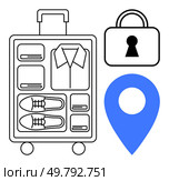 Travel suitcase with organized compartments for clothes and shoes, next to a padlock and blue location pin. Ideal for travel planning, vacation packing, security tips, organization, adventure. Travel suitcase with organized items including clothes and shoes, accompanied by padlock and location pin. Стоковая иллюстрация, агентство Ingram Publishing / Фотобанк Лори