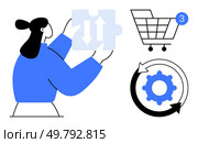 Woman holding puzzle piece with bidirectional arrows, shopping cart with notification, and cog in cyclic arrows. Ideal for business process, project management, workflow optimization, e-commerce. Woman holding puzzle piece with arrows beside shopping cart and cog in cyclic arrows, signifying process. Стоковая иллюстрация, агентство Ingram Publishing / Фотобанк Лори