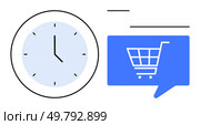 Clock displaying time next to a blue speech bubble with a shopping cart icon. Ideal for e-commerce, business time management, online shopping, efficiency, scheduling, digital marketing, consumer. Timely Online Shopping and E-commerce Business Strategy Planning with Clock and Shopping Cart. Стоковая иллюстрация, агентство Ingram Publishing / Фотобанк Лори