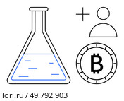 Laboratory flask with liquid, user add icon, and Bitcoin coin symbolize cryptocurrency research and integration. Ideal for science, blockchain, digital currency, innovation, technology, finance. Laboratory Flask, User Add Symbol, and Bitcoin Coin Highlighting Cryptocurrency Experimentation. Стоковая иллюстрация, агентство Ingram Publishing / Фотобанк Лори
